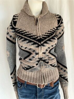 TNA Aritzia Sea to Sky 100% Lambswool Fair Isle Zip Cardigan XS